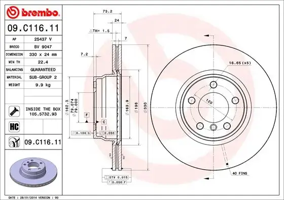 Вентилируемый тормозной диск brembo 09.C116.11