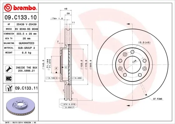 Вентилируемый тормозной диск brembo 09.C133.11