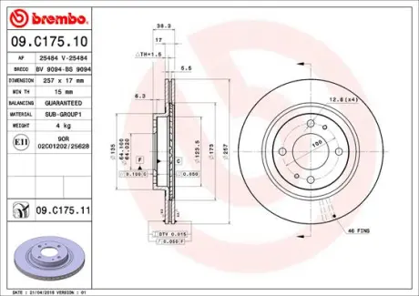Вентилируемый тормозной диск brembo 09.C175.11
