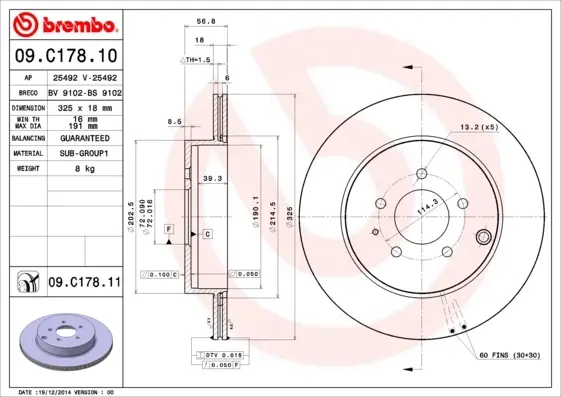 Вентильований гальмівний диск Brembo 09C17811 (фото 1)