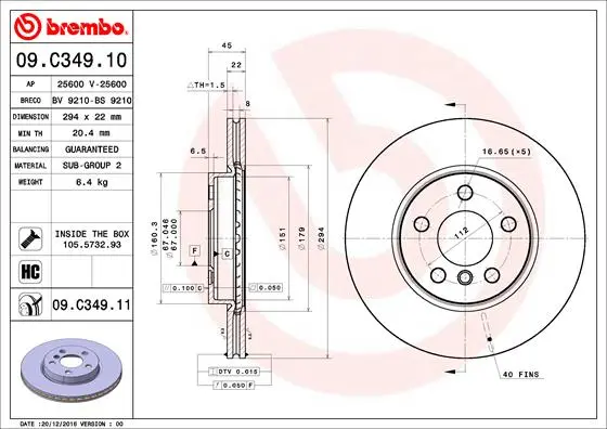 Вентильований гальмівний диск Brembo 09C34911 (фото 1)