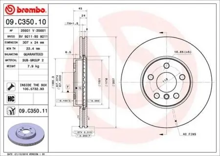 Вентильований гальмівний диск Brembo 09C35011