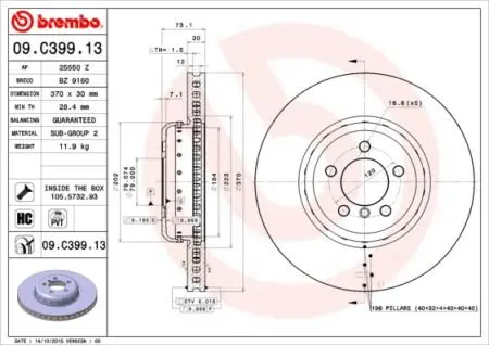 Вентильований гальмівний диск Brembo 09.C399.13 (фото 1)
