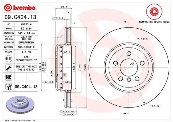 Вентильований гальмівний диск Brembo 09C40413 (фото 1)