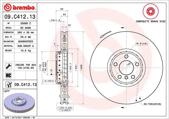 Вентилируемый тормозной диск brembo 09.C412.13