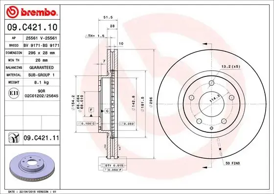 Вентилируемый тормозной диск brembo 09C42111