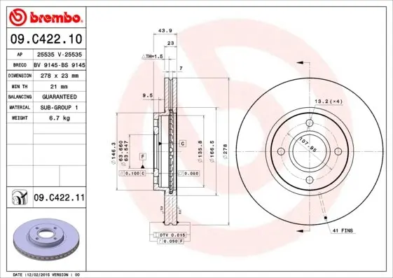 Вентилируемый тормозной диск brembo 09.C422.11