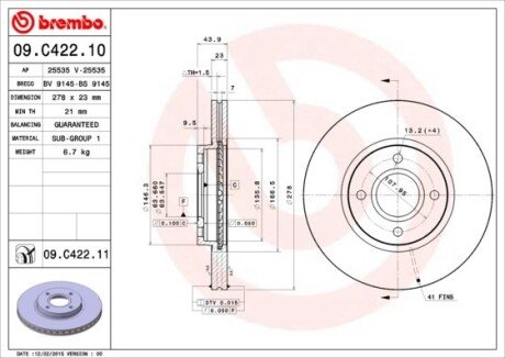 Вентилируемый тормозной диск brembo 09.C422.11 на Форд Б-макс