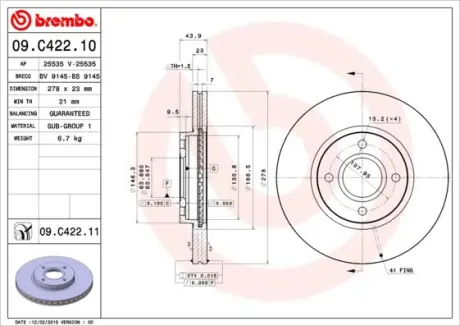 Вентилируемый тормозной диск brembo 09.C422.11