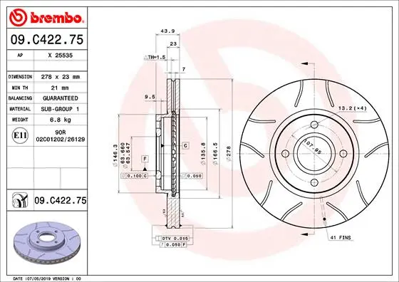 Вентилируемый тормозной диск brembo 09.C422.75