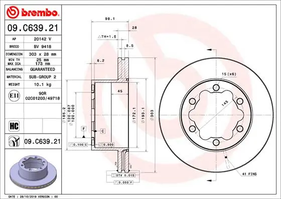 Вентилируемый тормозной диск brembo 09.C639.21