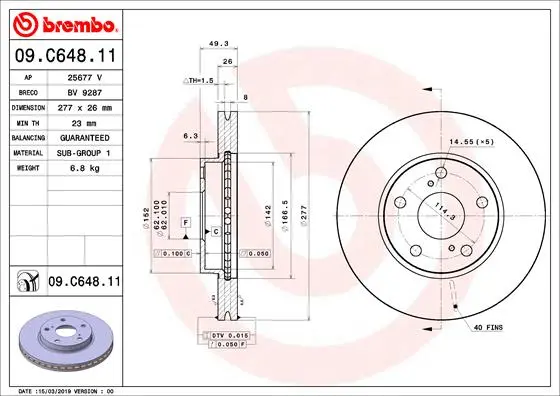 Вентилируемый тормозной диск brembo 09C64811