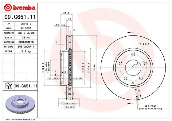 Вентильований гальмівний диск Brembo 09C65111 (фото 1)