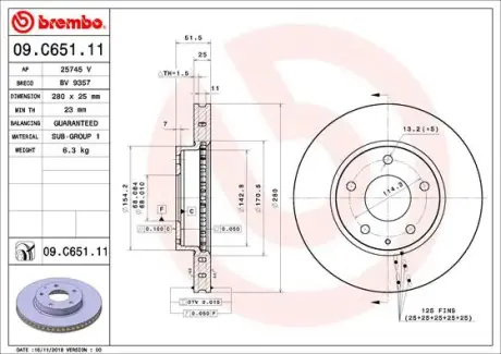Вентильований гальмівний диск Brembo 09C65111
