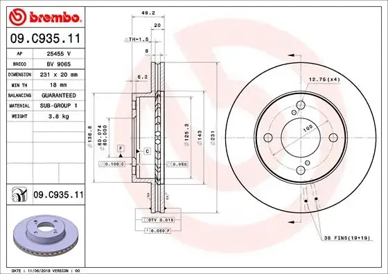 Вентильований гальмівний диск Brembo 09C93511 (фото 1)