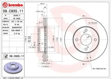 Вентильований гальмівний диск brembo 09C93511