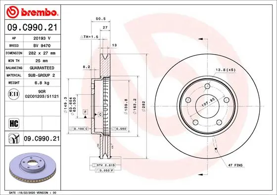 Вентилируемый тормозной диск brembo 09C99021