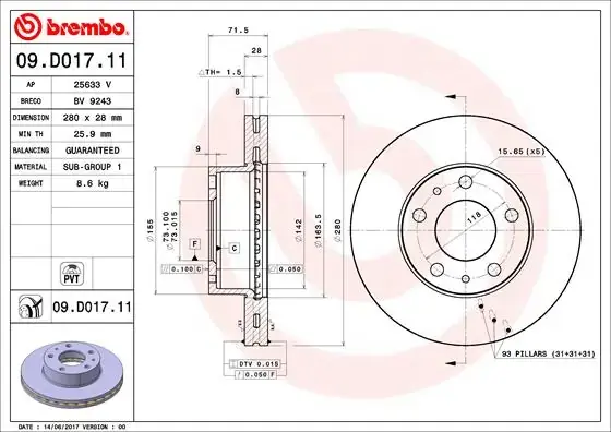 Вентильований гальмівний диск Brembo 09.D017.11 (фото 1)