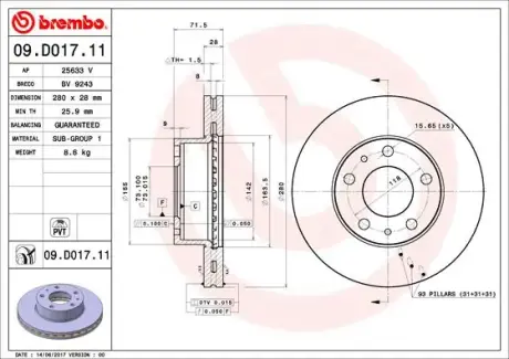 Вентильований гальмівний диск Brembo 09.D017.11