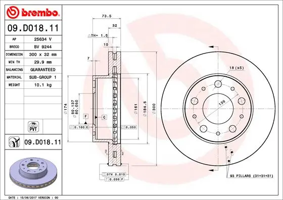 Вентилируемый тормозной диск brembo 09.D018.11