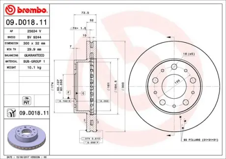 Вентилируемый тормозной диск brembo 09.D018.11