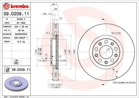 Вентильований гальмівний диск Brembo 09D20911