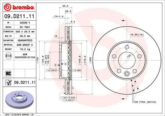 Вентильований гальмівний диск Brembo 09.D211.11 (фото 1)