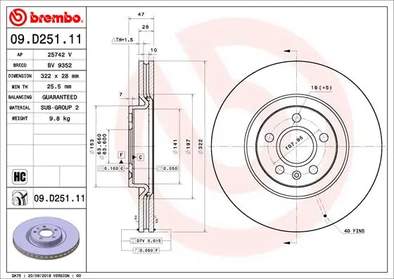 Вентильований гальмівний диск Brembo 09D25111 (фото 1)