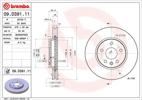 Вентилируемый тормозной диск brembo 09D39111