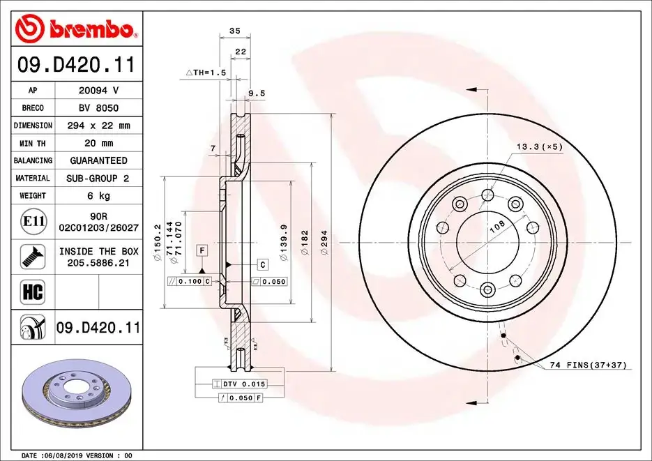 Вентилируемый тормозной диск brembo 09D42011