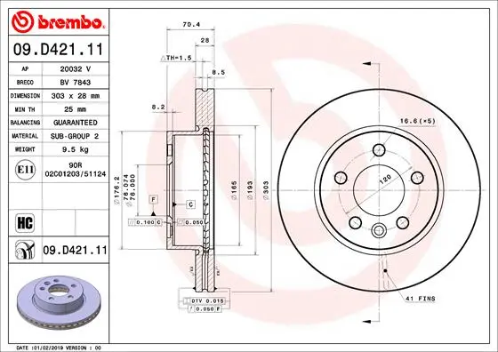 Вентильований гальмівний диск Brembo 09.D421.11 (фото 1)