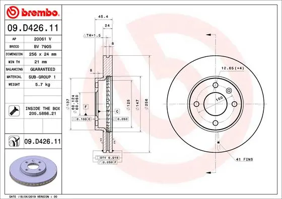 Вентилируемый тормозной диск brembo 09D42611