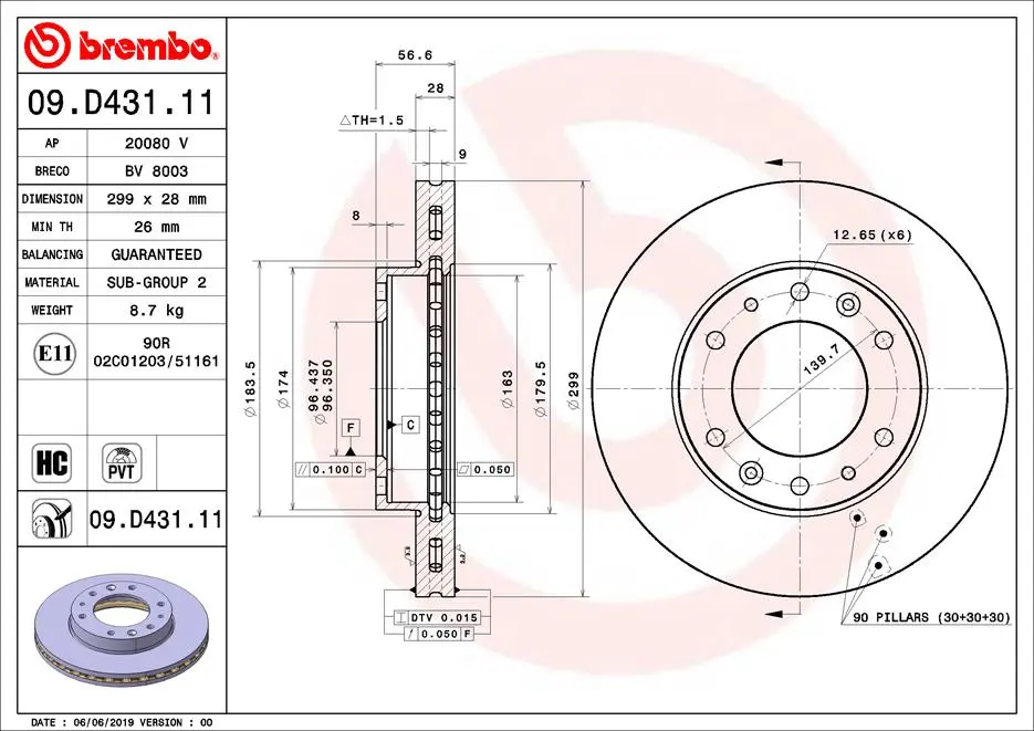 Вентильований гальмівний диск Brembo 09D43111 (фото 1)