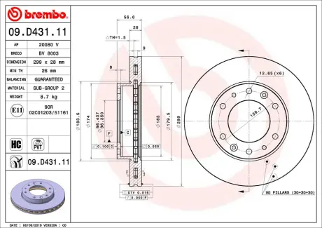 Вентильований гальмівний диск brembo 09D43111