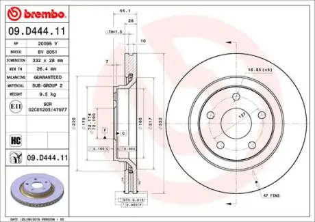 Вентилируемый тормозной диск brembo 09D44411 Jeep Wrangler