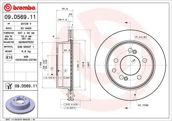 Вентилируемый тормозной диск brembo 09D56911