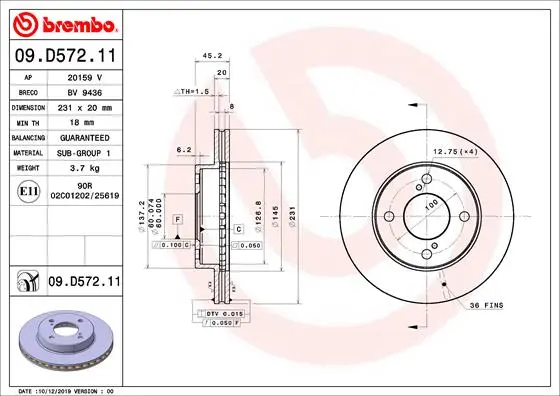 Вентилируемый тормозной диск brembo 09D57211
