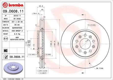 Вентильований гальмівний диск Brembo 09D60811
