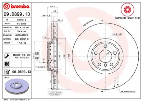Вентилируемый тормозной диск brembo 09.D899.13
