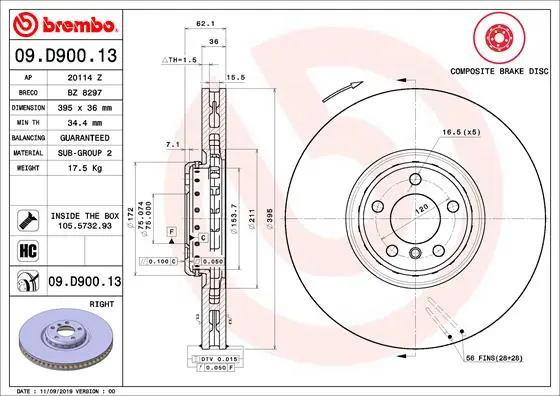 Вентильований гальмівний диск Brembo 09.D900.13 (фото 1)
