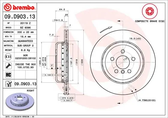 Вентильований гальмівний диск Brembo 09.D903.13 (фото 1)