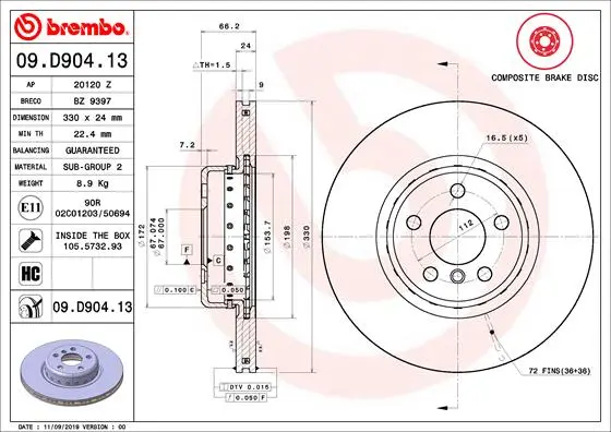 Вентильований гальмівний диск Brembo 09.D904.13 (фото 1)
