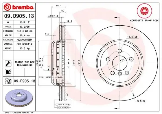 Вентилируемый тормозной диск brembo 09.D905.13