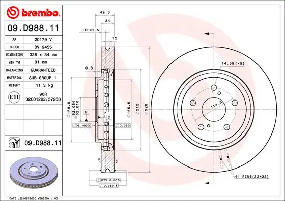 Вентильований гальмівний диск Brembo 09D98811 (фото 1)