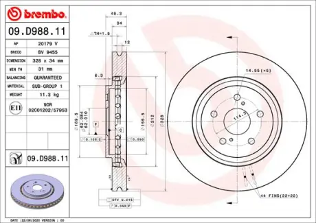 Вентильований гальмівний диск Brembo 09D98811