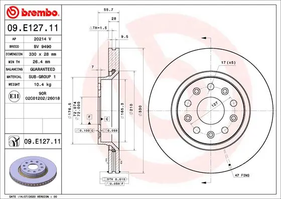 Вентилируемый тормозной диск brembo 09E12711