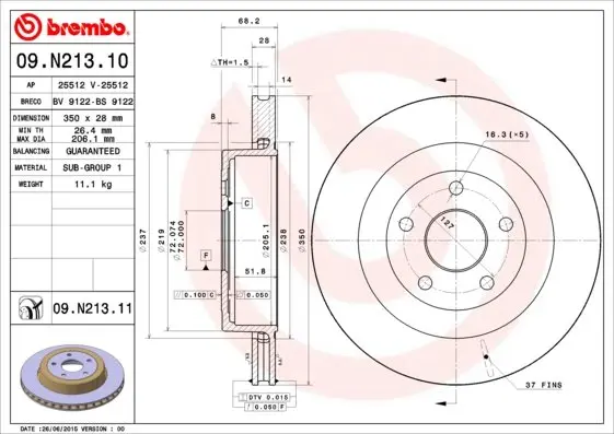 Вентильований гальмівний диск Brembo 09N21311 (фото 1)