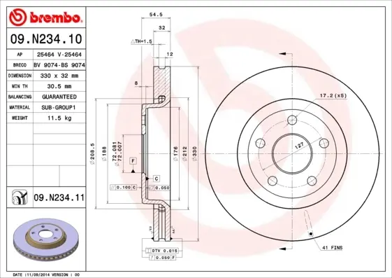 Вентильований гальмівний диск Brembo 09N23411 (фото 1)