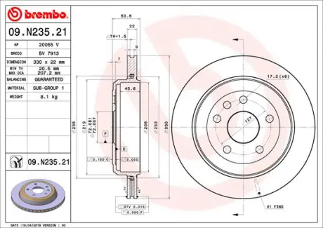 Вентильований гальмівний диск Brembo 09N23521
