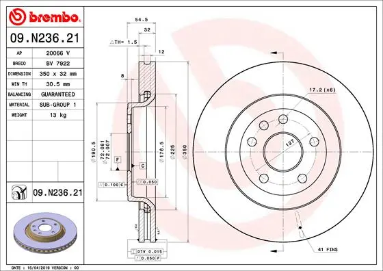 Вентильований гальмівний диск Brembo 09N23621 (фото 1)